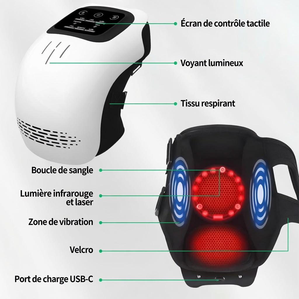 Schéma des fonctionnalités du masseur chauffant FlexoZen - écran tactile, infrarouge, vibration, port USB-C